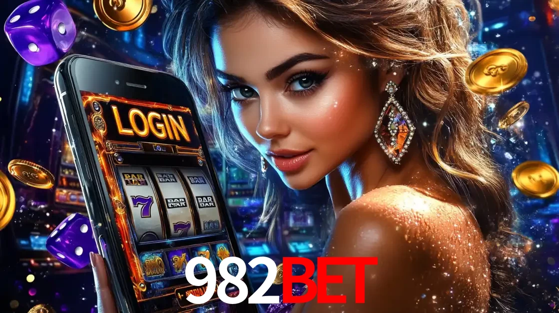 Mulher glamorosa segurando um smartphone com a tela de login para os jogos de caça-níqueis do cassino online 982BET, com moedas de ouro e dados ao redor.