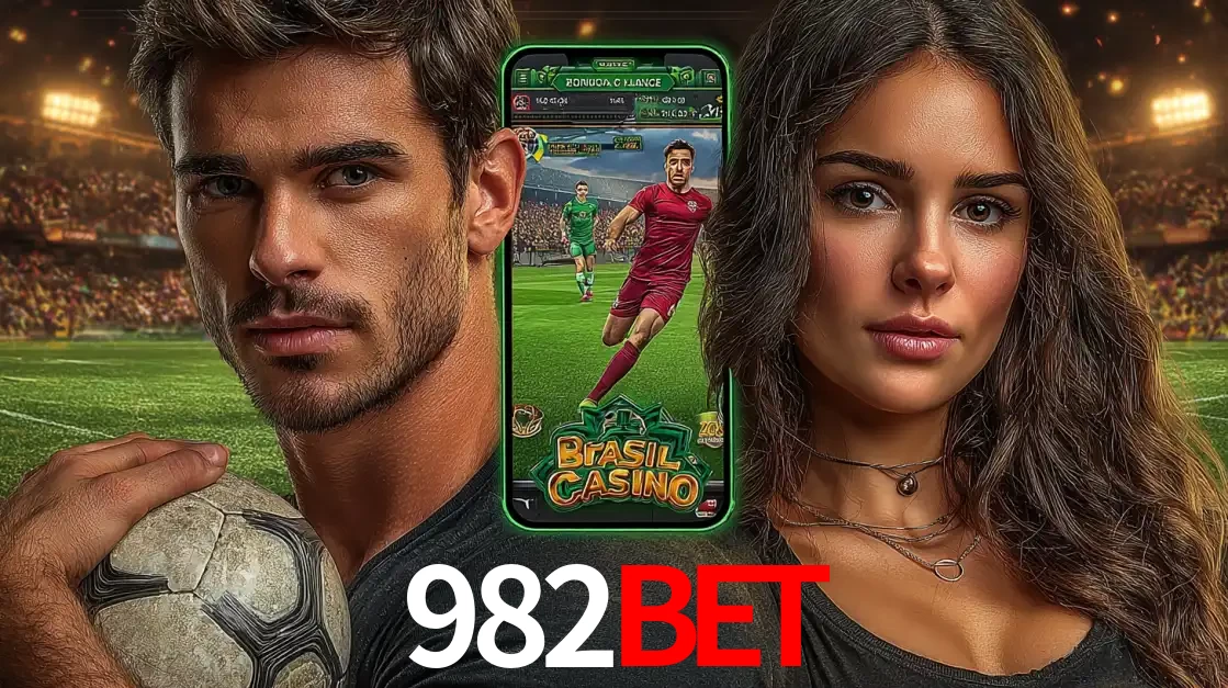 Homem segurando uma bola de futebol e uma mulher ao lado de um smartphone exibindo o jogo de apostas esportivas da 982BET. Faça seu palpite no cassino online.
